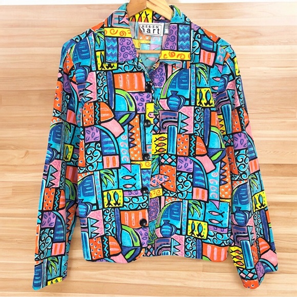 Vintage 80s Retro Groovy Rainbow Abstract Sequin Fish Art To Wear Blazer Jacket - Picture 5 of 11